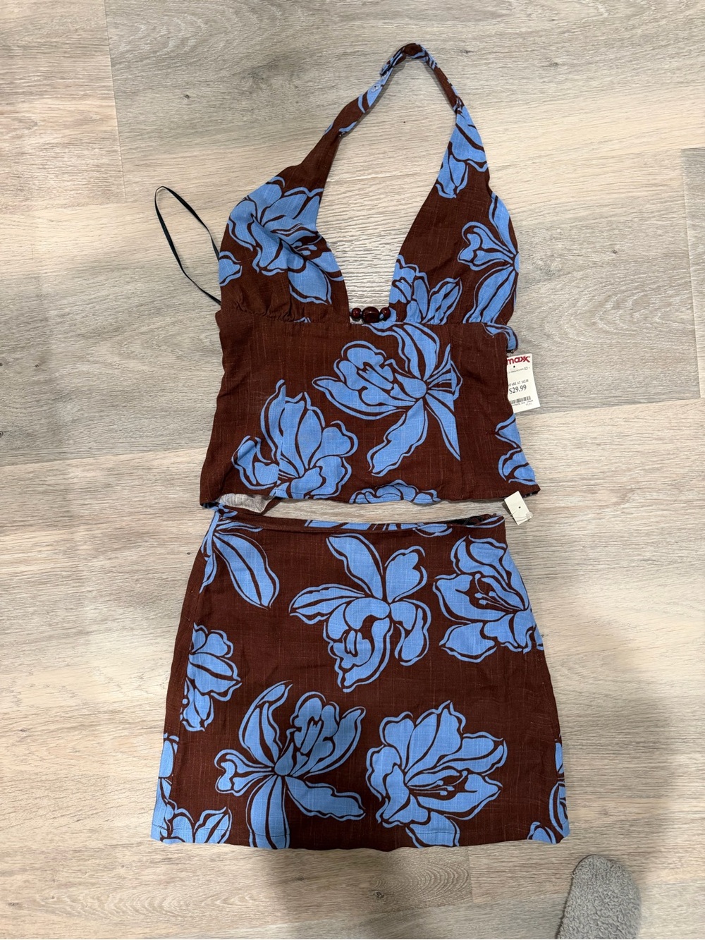 Brown & Blue Floral Two-Piece Halter Top and Skirt